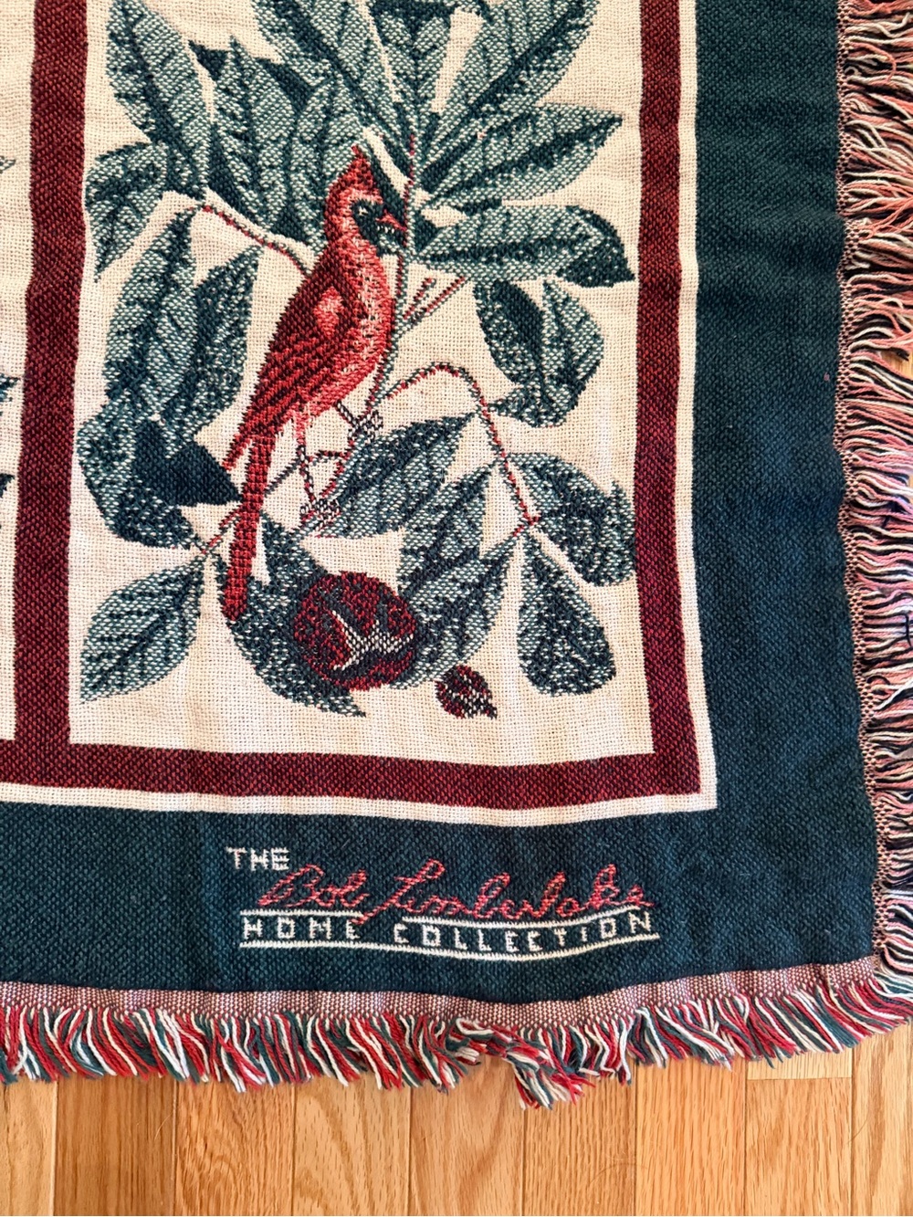 Vintage Bird Tapestry Throw Blanket in Navy, Cream & Red - Picture 2 of 5